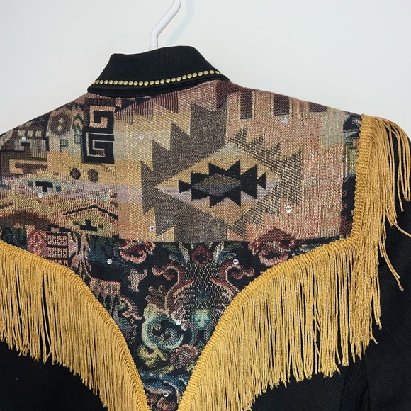 CACHE VINTAGE western Black and Gold Fringed Women's Jacket small - Picture 5 of 16